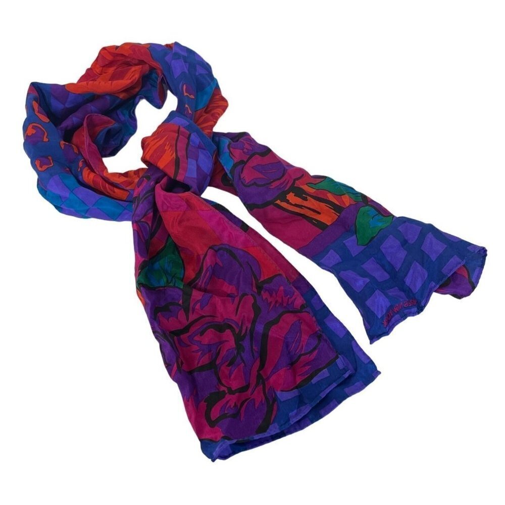 Silk Scarf Purple Blue Pink Floral Rectangular Scarf 52" Jones New York